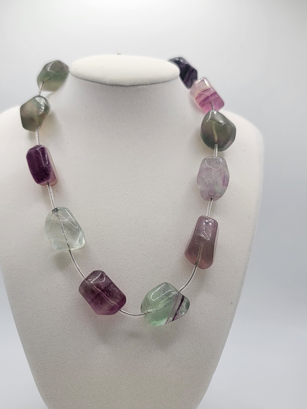 Green Purple Fluorite-Style Stone Bead Necklace 16 Inch